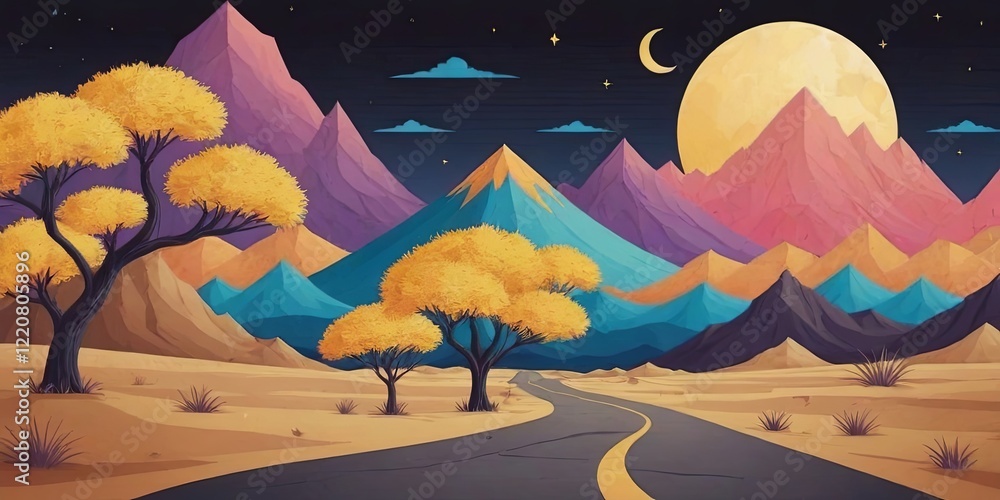 Poster A mountain range with a road in the middle and a yellow tree on the left