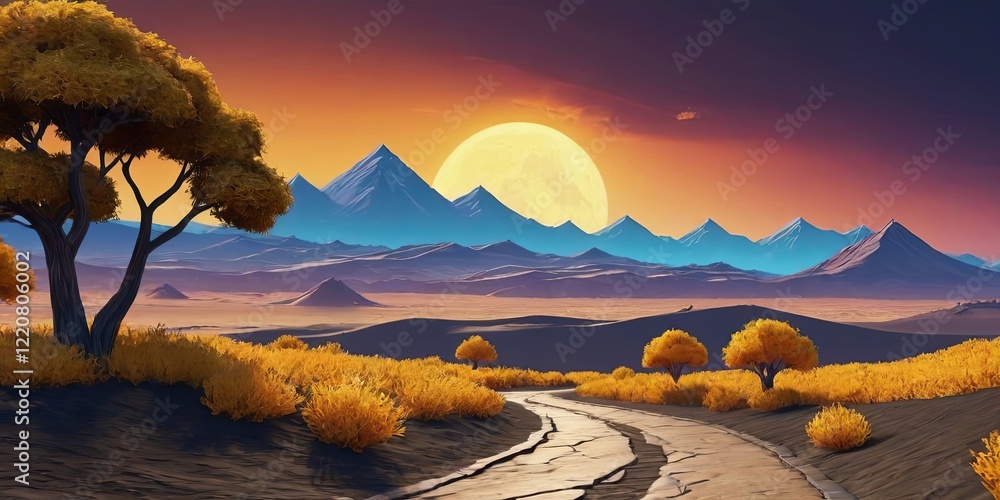 Poster a beautiful landscape with a tree and mountains in the background