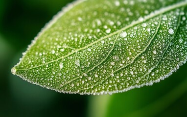 Close-up of an apple leaf with frost on it, macro photography, blurred background, macro lens, stock photo. --ar 8:5 --v 6.1 Job ID: f8903c29-624d-4ba3-bde1-de4e9a3635f8