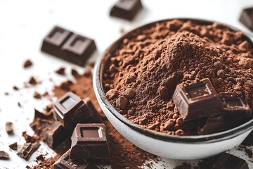 Sweet chocolate powder finely scattered on a white background suitable for food, beverage, web, social media and banner backgrounds.