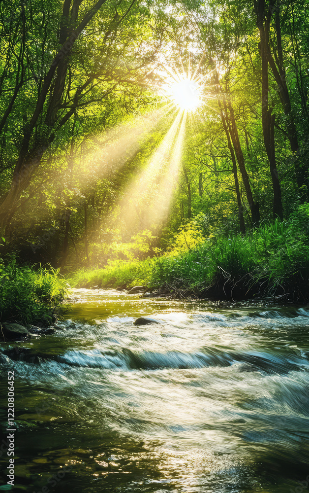Poster sunlit stream serenity: sunlight pierces through the canopy, illuminating a pristine stream flowing 