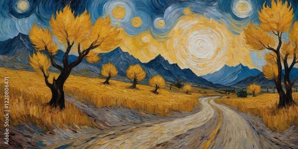 Poster a painting of a road with trees and mountains in the background