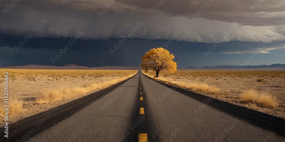 Poster a road with a tree in the middle of it