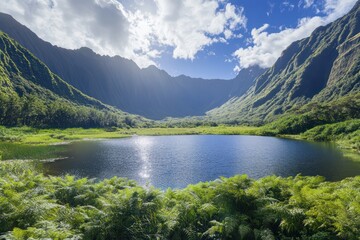 A serene mountain valley with a shimmering lake at its heart, surrounded by lush summer vegetation