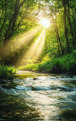 Obraz premium Sunlit Stream Serenity: Sunlight pierces through the canopy, illuminating a pristine stream flowing through a vibrant forest.