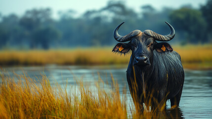 A large dark buffalo standing in shallow water