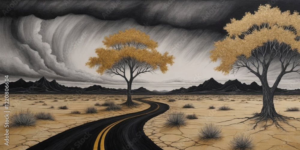 Poster a painting of a road with two trees on either side