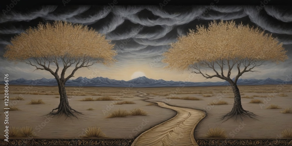 Poster A painting of two trees in a desert with a path in between