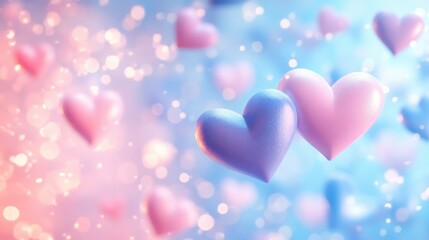Dreamy abstract pastel background with floating hearts for romantic design projects