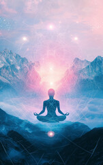 Serene Mountain Meditation: A silhouette of a person meditating in a lotus position, peacefully perched atop a misty mountain peak, bathed in the ethereal glow of a celestial sunrise.