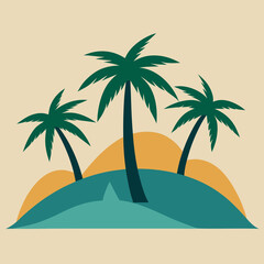 Two palm trees on either side and a hill in the middle