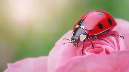 Fototapeta premium Gentle Macro Photograph of Ladybug Crawling Peacefully on Soft Pink Flower Petal