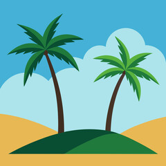 Two palm trees on either side and a hill in the middle