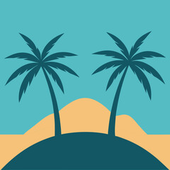 Two palm trees on either side and a hill in the middle