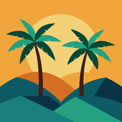 Two palm trees on either side and a hill in the middle