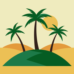 Two palm trees on either side and a hill in the middle