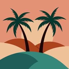 Two palm trees on either side and a hill in the middle