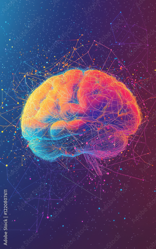 Aufkleber illuminating the mind: a vibrant, artistic representation of the human brain, glowing with multicolo