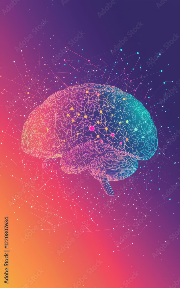 Aufkleber brain's cognitive landscape: a vibrant illustration of the human brain, interconnected with glowing 