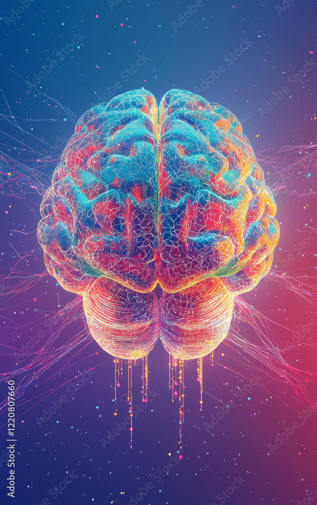 Poster brain's network: a vibrant illustration of a human brain, radiating energy and connected by a comple