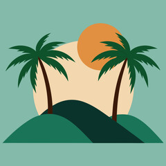 Two palm trees on either side and a hill in the middle