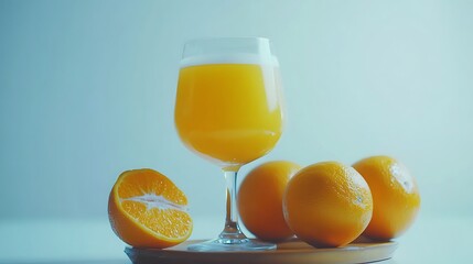 Vibrant orange juice served in a transparent glass, resting perfectly on a small glass.