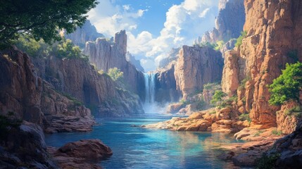Majestic waterfall cascades into a serene turquoise river surrounded by rocky cliffs