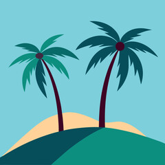 Two palm trees on either side and a hill in the middle