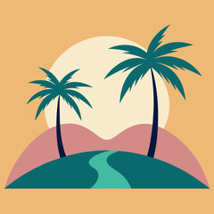 Two palm trees on either side and a hill in the middle