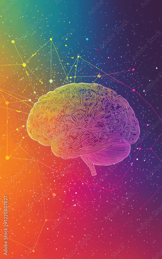Poster brain's neural symphony: an artistic representation of a brain bathed in a gradient of vibrant hues,