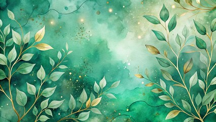 Luxury Green Watercolor Botanical Background with Golden Line Art Branches & Leaves - Bokeh Effect