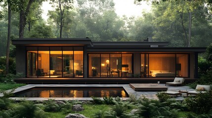 Fototapeta premium Elevated house design with black steel structure, wooden panel walls, open ground area, warm countryside hues, 8K high-resolution realistic images,