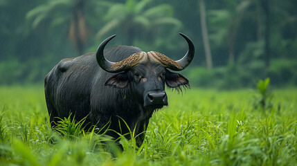 A dark buffalo stands in a field of tall grass