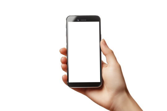 A person holding a mobile phone with a blank screen. PNG