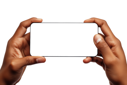 A person holding a mobile phone with a blank screen. PNG