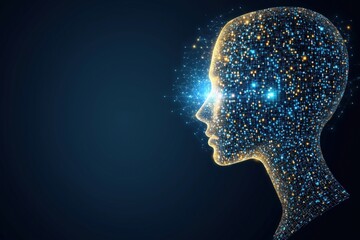 Obraz premium A futuristic silhouette of a human head filled with glowing stars and particles against a dark background.