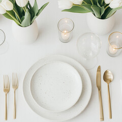 A minimalist table with tulips