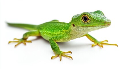 Obraz premium Close-up of a vibrant green lizard crawling on a white surface, showcasing its detailed features