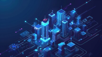 Fototapeta premium Digital Cityscape: A futuristic vision of a city connected by a network of glowing lines.