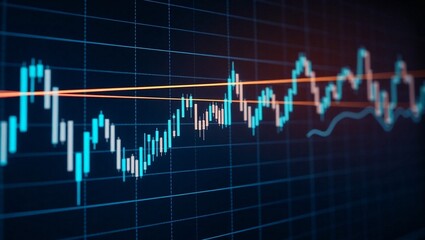 stock market chart, financial graph, blue glowing lines, digital display, trading data, economic indicators, candlestick pattern, price fluctuation, dark background, neon blue, data visualization, fin