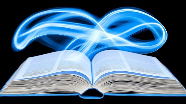 Open book with blue, luminous shape against black background - Powered by Adobe