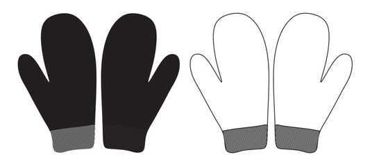 Pair of Cozy. Black and outline Gloves, isolated. Vector Illustration.