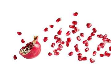 A close up of red fruit with a lot of pieces scattered around. ,on transparent background.