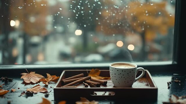 Cozy Autumn Scene with Cinnamon Sticks and Cup of Hot Coffee on Table by Window with Raindrops and Fall Leaves