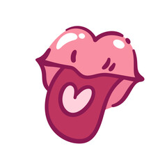 Mouth with cartoon red tongue sticking out and heart. Funny sweet pink lips of girl speaking love message. Valentines day greeting, romance, gift mascot, cartoon cute mouth vector illustration