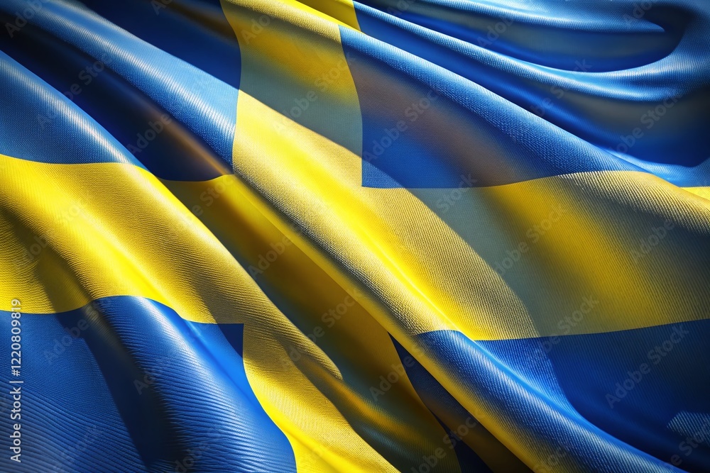 Poster macro close-up of a realistic 3d rendered swedish flag with pole