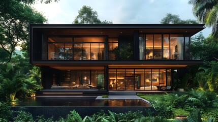 Two-storey architectural design with black steel and wood elements, elevated structure, metal roofing, warm natural tones, countryside backdrop, 8K high-resolution realistic images,