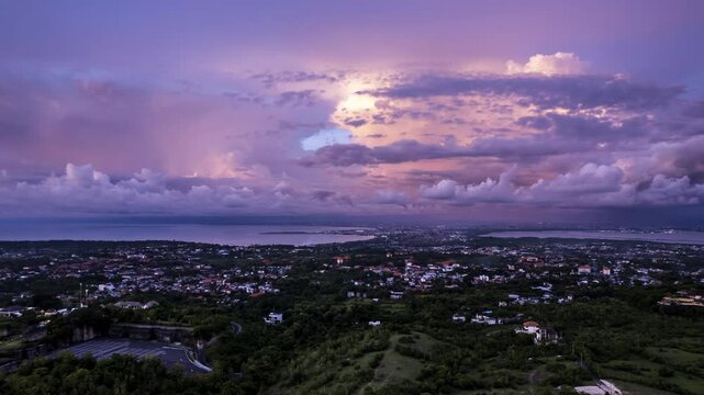 Time lapse of drone view on Bukit, Bali. Aerial view on thunderstorm in Icland Bali from drone.