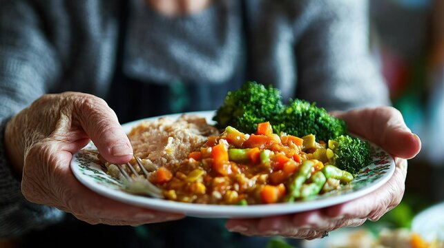 Compassionate Professional Caregiver Preparing a Nutritious and Delicious Meal for Elderly Patient Empathetic Support, Healthy Eating, Senior Care, Home Healthcare, Dietary Needs, Nutritional