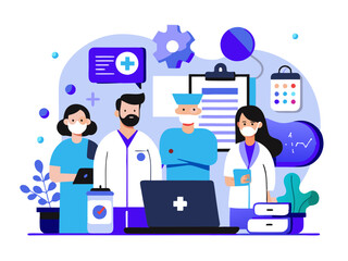 Doctor hospital team medical document health medicine healthcare meeting teamwork laptop computer technology clinic office modern flat design simple vector illustration isolated transparent background